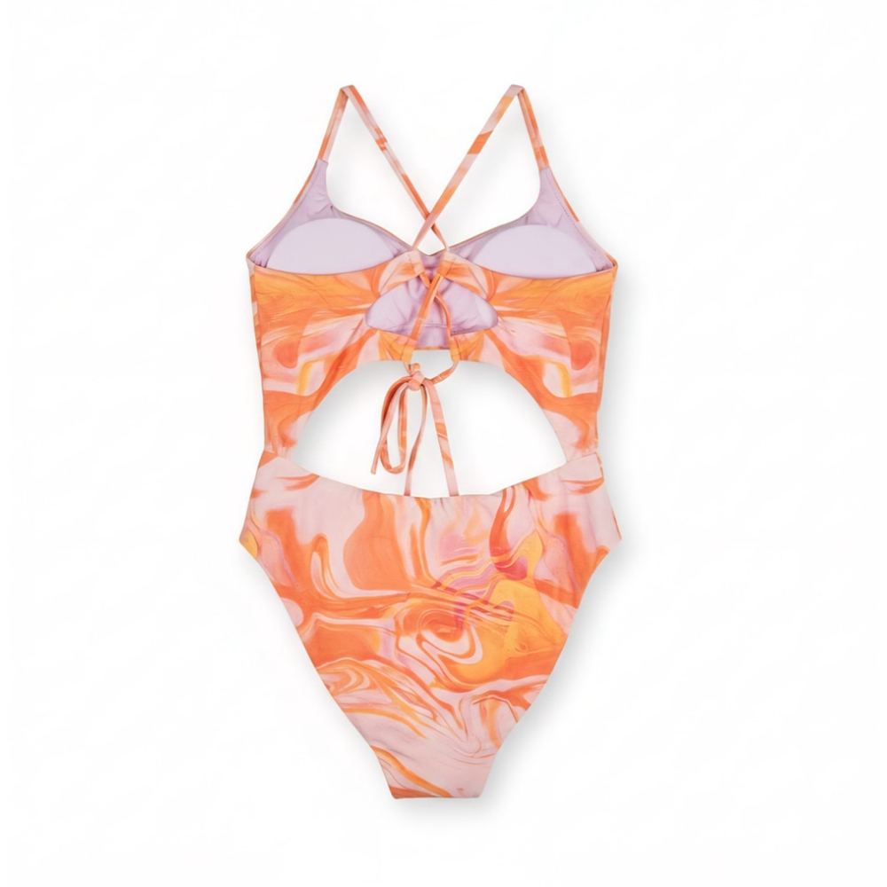 Aqua One piece Swimsuit Bathing Suit LARGE Pink Orange Yellow Swirl - Picture 13 of 16